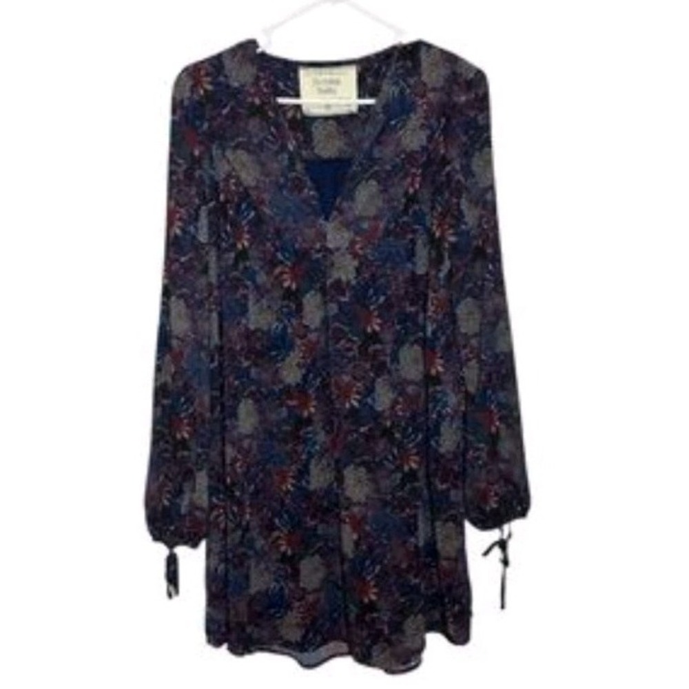 California Moonrise Lined M Mini Tunic Dress Sheer Long‎ Sleeve Boho Floral Blue